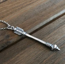 925 Sterling Silver Feather Long Arrow Flint Arrowhead Pendant Antiqued Unique
