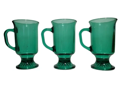Vintage/Rare 3 Anchor Hocking Green Clear Glass Pedestal Coffee Tea Mugs Cups