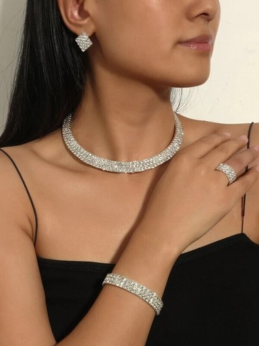 Versilbert Kristall Halskette Armband Ring Ohrringe Set Hochzeit Abschlussball Festzug - Bild 1 von 6