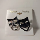 Vintage NOS Drama Faces Fashion Costume Pin Brooch Jewelry Silver Tone Black
