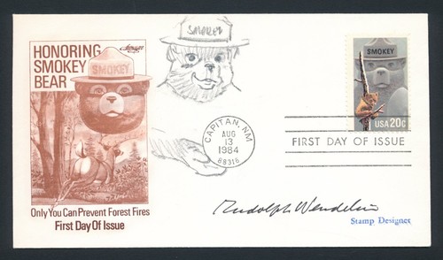 Rudolph Wendelin - Artist - Signed 'Smokey Bear' Sketch on FDC - Autograph - 第 1/6 張圖片