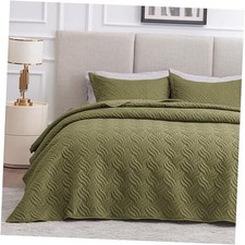King Size Quilt Bedding Set Olive King 106"x96" Wave Pattern Olive Green