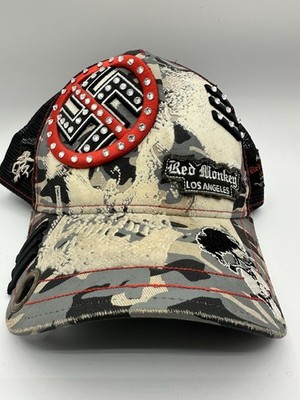 RED MONKEY LOS ANGELES   STUDDED EMBROIDERED SKULL TRUCKER HAT PRE-OWNED *RARE*