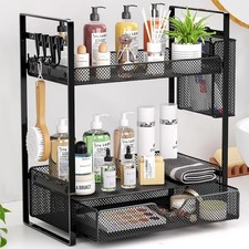 2 Tier Bathroom Organizer Countertop with Drawer, Metal Mesh Bathroom Counter