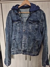 Mens Denim Blue Jacket with Hood and Pockets Size XL Denim Coat Jacket Casual