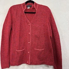 South Cotton Hand Loomed LUX Cardigan Sweater XL Red Pockets Crochet Buttons