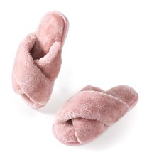 Ankis Womens Dust Pink Fuzzy Slippers Memory Foam Cross Band Cozy House Slipp...