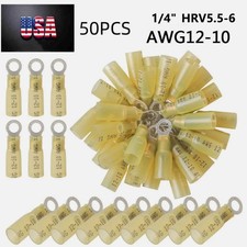 50PCS 1/4" Yellow 10-12AWG Heat Shrink Wire Connectors Ring Terminals Marine