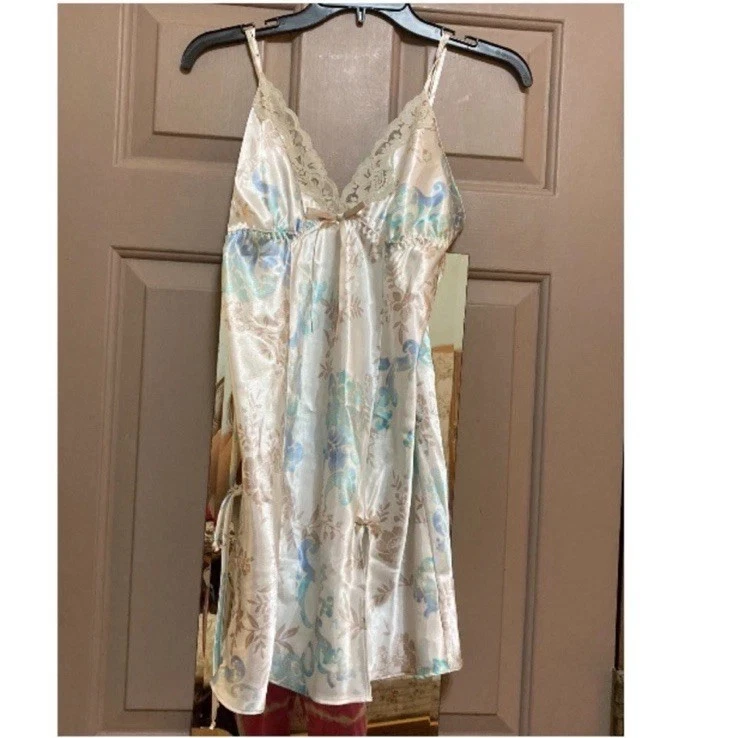 Y2K White & Blue Fairycore Coquette Slip Dress W Bows Lace Trim And A Slit SZ S - Image 4 of 4