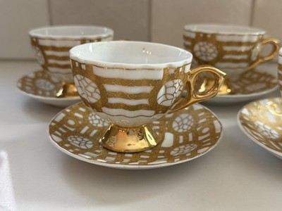 Set 5 Tea Espresso cups & saucer Demitasse EL China Stamp Geometric GOLD Pattern