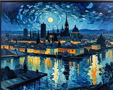 Leonid Afremov MOONLIT NIGHT OVER THE OLD TOWN Oil Paint 30"x24" by GICLEE