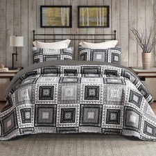 Reversible Boho Quilt Set Queen Size, 3 Pieces Patchwork Black All Season