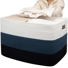 OIAHOMY 118L Extra Large Blanket Basket, Rectangle Woven Cotton Rope Storage ...