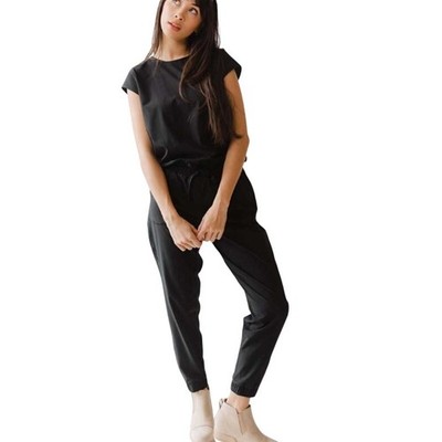 Albion Fit Black Jumpsuit Cap Sleeve Size L Ankle Zip Drawstring $118 Retail
