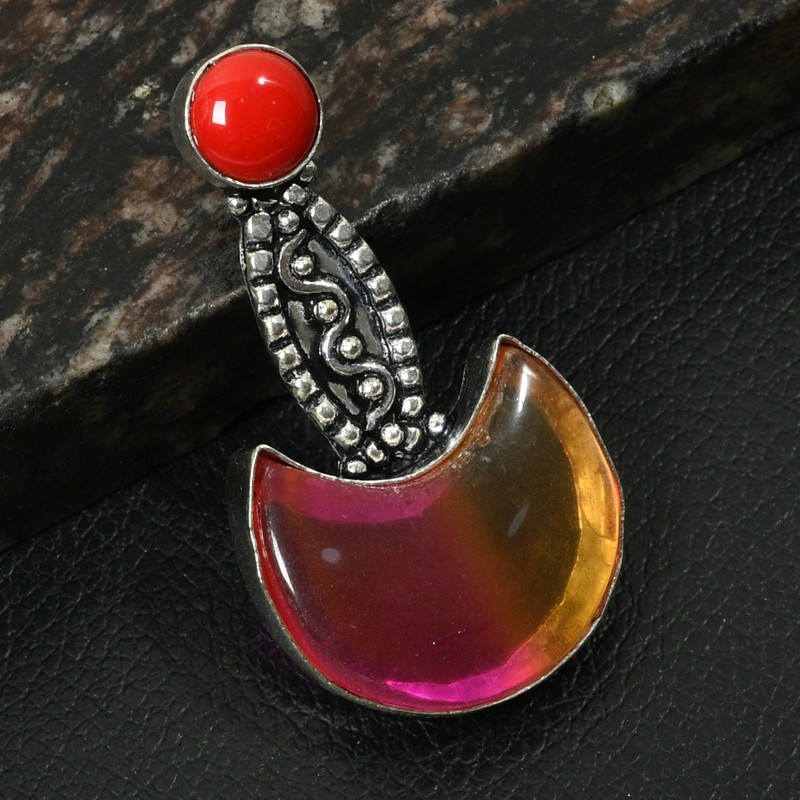 Bi Color Tourmaline Coral Gemstone Half Moon Pendant Jewelry Gift 1.8" AP-36743