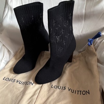 Louis Vuitton Black Knit Monogram Mid-Calf Sock Boots, Women's Size 8.5, Pull On