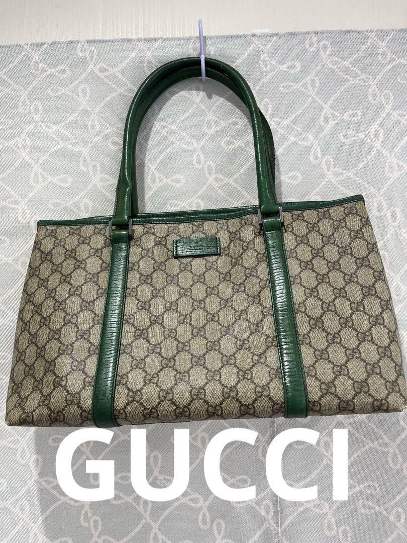 GUCCI Green GG Tote Bag in Beige Leather with PVC Trim #PG4I6V