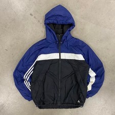 Vintage 90s Adidas Black and Blue Puffer Striped Sleeve Sportswear Jacket