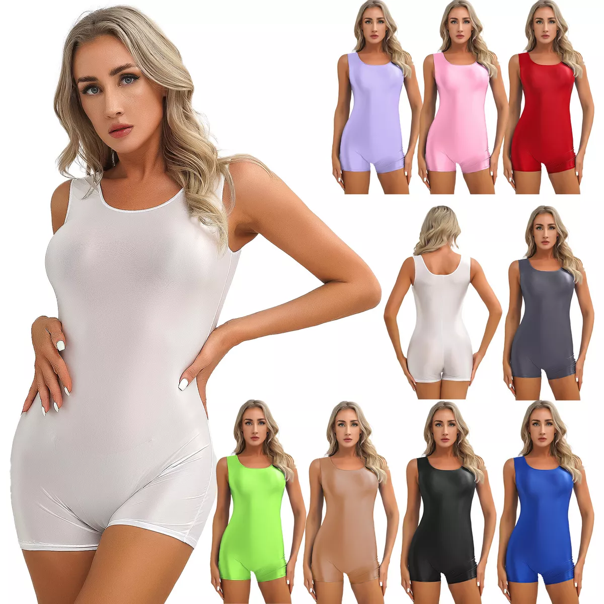 Women's Glossy Sleeveless Bodycon Bodysuit Short Romper Jumpsuits Tank  Playsuit