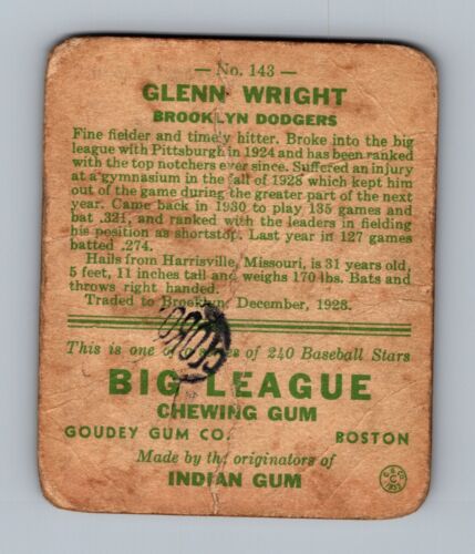 1933 Goudey #143 Glenn Wright NIEDRIGE QUALITÄT Baseballkarte - Bild 2 von 2