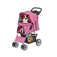 4 Wheels Pet Carrier Dog Cat Jogger Foldable Travel Stroller w/ Cup Holder Pink