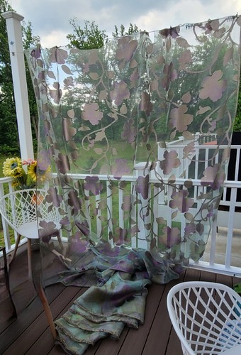 BOLT of 10 yards x 110" wide sage green sheer/purple flowers fabric for curtains - Picture 2 of 15