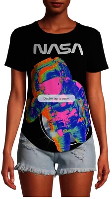 NASA Worm Logo Colorful Astronaut Graphic Juniors' Short Sleeve T-Shirt NWOT