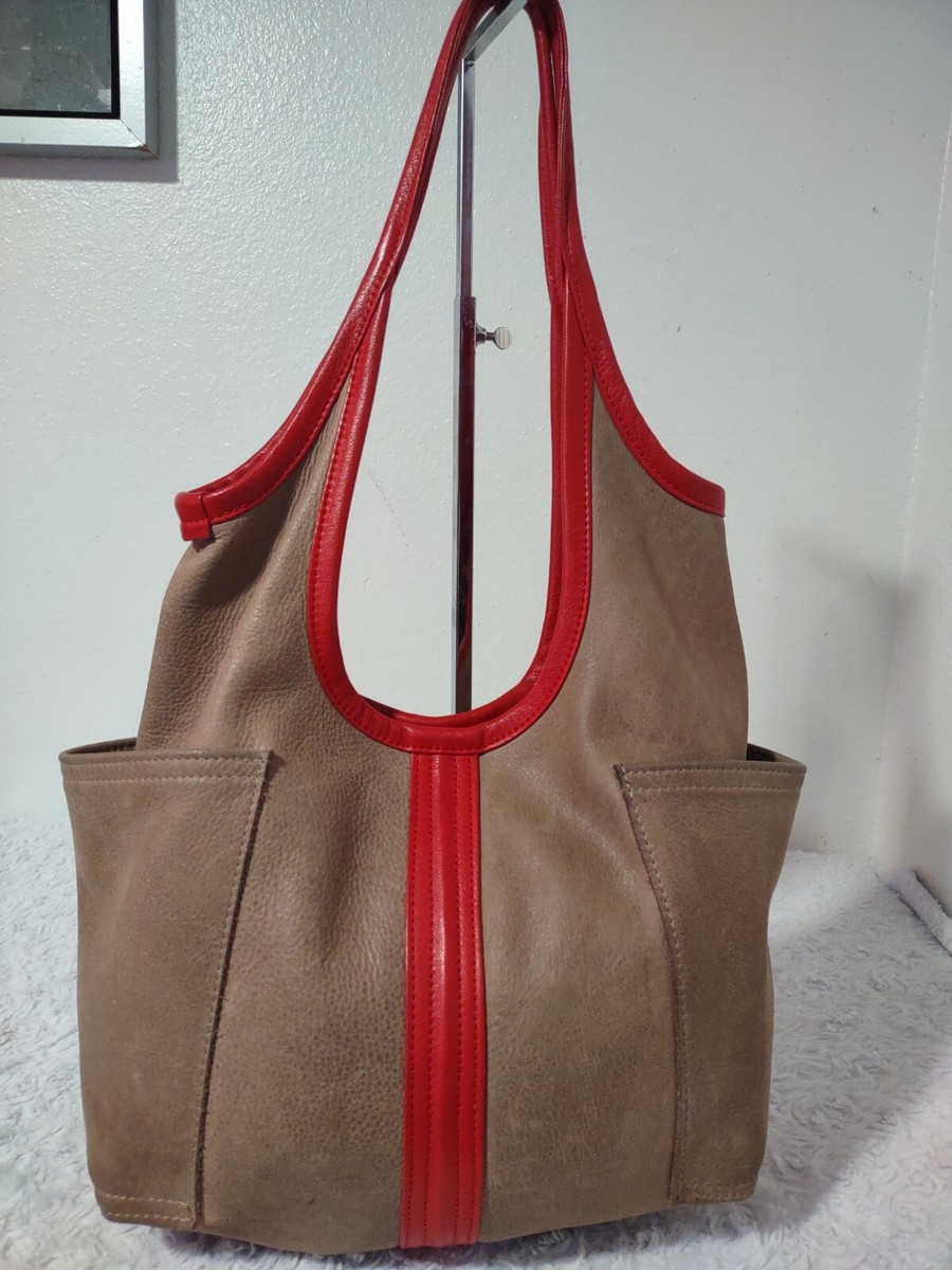 Rough And Tumble Taupe And Red Leather Access Tote, Handbag