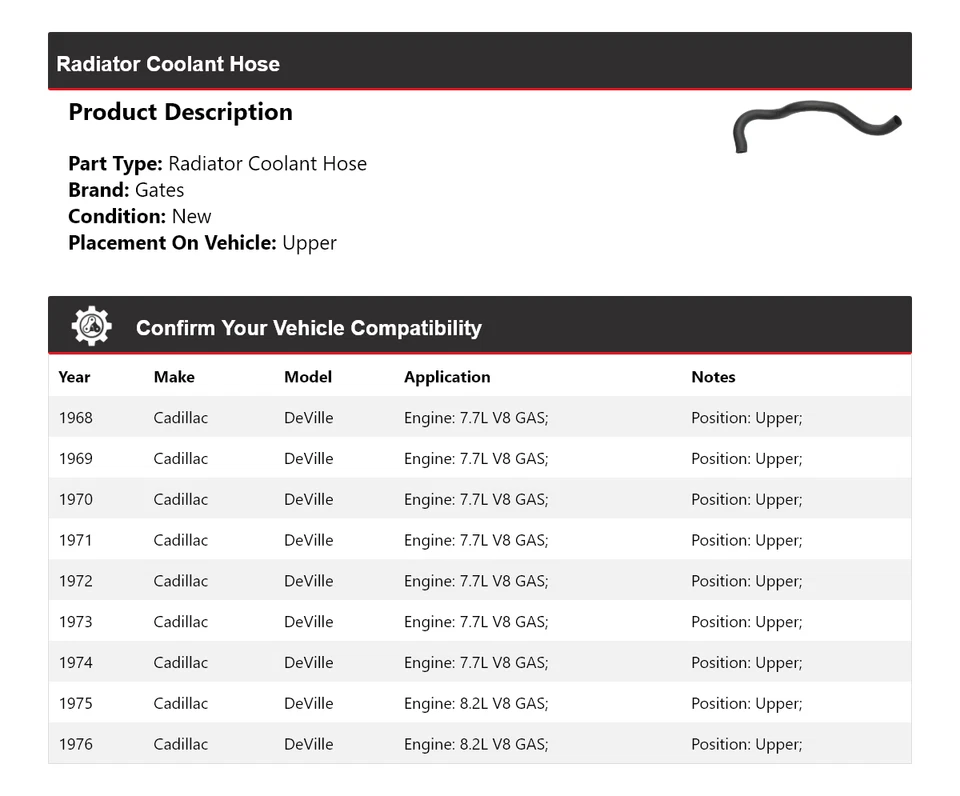 For 1968-1976 Cadillac DeVille Radiator Coolant Hose Upper Gates 1969 1970 1971 - Image 2 of 4