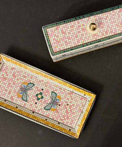 NIB Anthropologie Bistro Garden Tile Butterfly Butter Dish Stoneware Pink Gold
