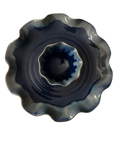 Tumbleweed Pottery Wave Chip & Dip 8” Indiv Plate 3” Bowl Cobalt Stoneware USA - Picture 6 of 12