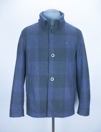 Lacoste Mens Tweed Short Coat Check Navy/Black Size 52 Wool Blend Jacket