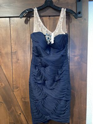 Cache Xs Size2 Navy Blue Ruched Sheath Dress Cocktail Formal Embellished Bodycon