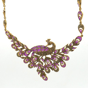 Authentic Gia Mele Peacock Festoon Necklace 14k Gold Plated Marcasite Plique a Jour