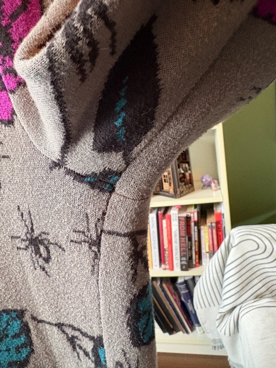 Betsey Johnson Long Sweater Coat Sz M Roses Spiders Gray w/ Black
