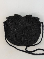 Vintage Black Beaded Evening Bag Purse Scalloped Leaf Design M73