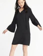 Old Navy Women’s Black Tie-Neck Bell Sleeve Shift Dress Size Large L Lightweight