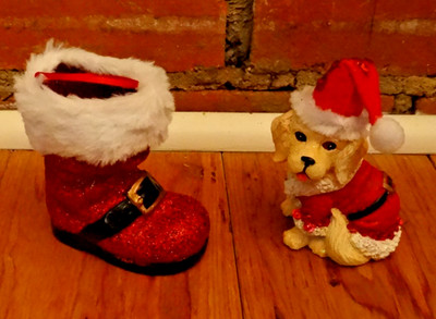 Pier One Imports Christmas Ornaments Yellow Lab Santa & Santa Boot Set of 2