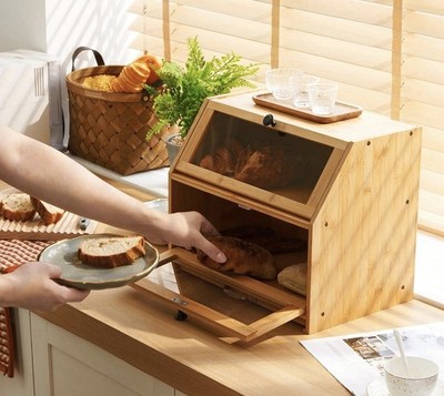Bambus Brotkasten Laib Aufbewahrungsbox groß 2-lagig mit Schneidebrett Seitenhalter
