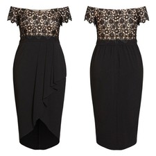 Y2K Glam Off Shoulder Lace Midi Dress City Chic Size 20 Black Curvy Romantic
