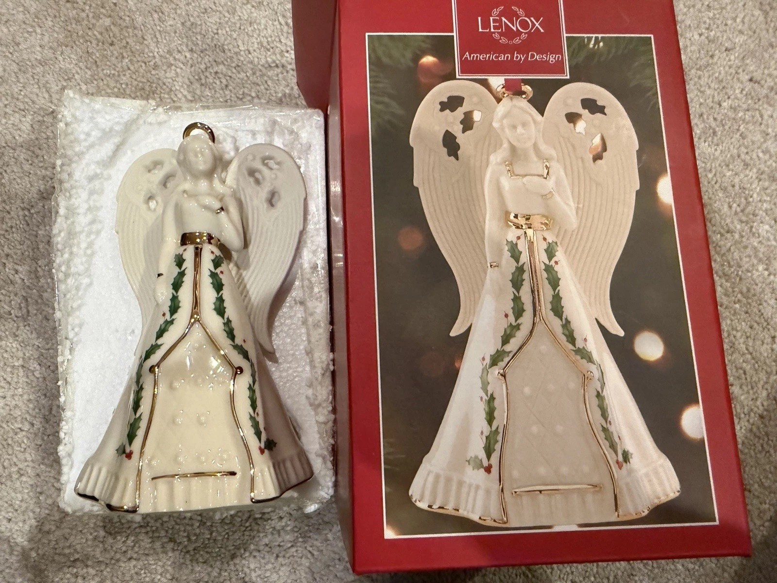 Lenox Holiday Angel Bell With Gold And Holly Trim Gown With 