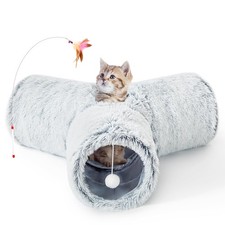 Light Grey Plush Cat Tunnel Indoor Collapsible 3Way Pet Toy Peek Holes