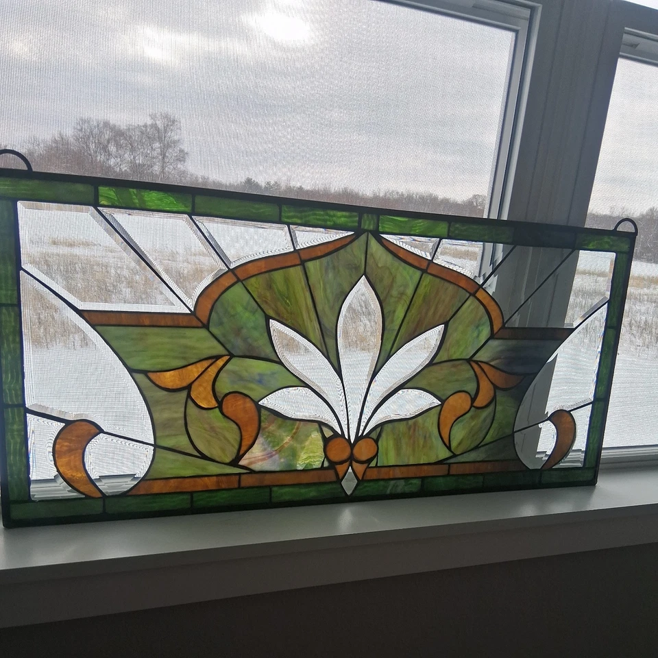 Leaded Stained Glass Transom Window Lotus Flower 36.5 x 16.5 Inches Window Panel - Image 2 of 4