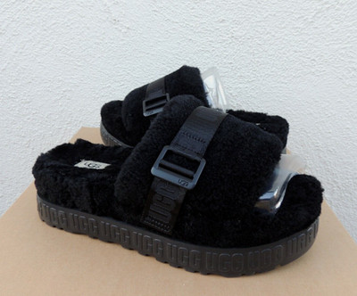 UGG BLACK FLUFFITA SHEEPSKIN FLUFF SLIDE PLATFORM SANDALS, US 10/ EUR 41 ~NEW