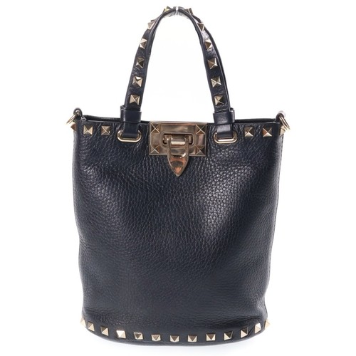 VALENTINO Rockstuds 2 way Handbag Shoulder Bag Black Leather Gold Hardware Used