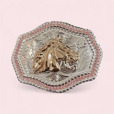 Western Cowboy Horse Floral Belt Buckle Silver/Gold Pink Rhinestone