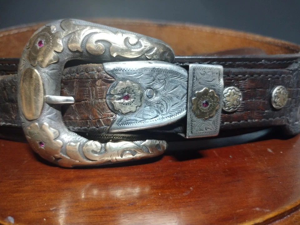 Vtg Silver Ranger Western Buckle 1" Fit & Fittings Sterling, 10 Gold, Ruby, Belt - Image 3 of 4