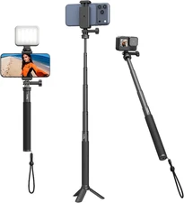 Selfie Stick Tripod with Phone Clamp for Action Camera, Extendable Selfie Stick 
