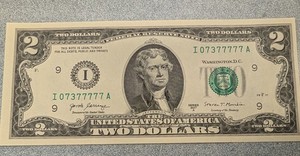 UNCIRCULATED 2017A $2 USA Banknote Serial I07377777A - Lucky 7s