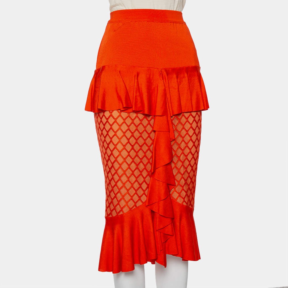 Balmain Orange Knit Ruffled Midi Skirt M image 2